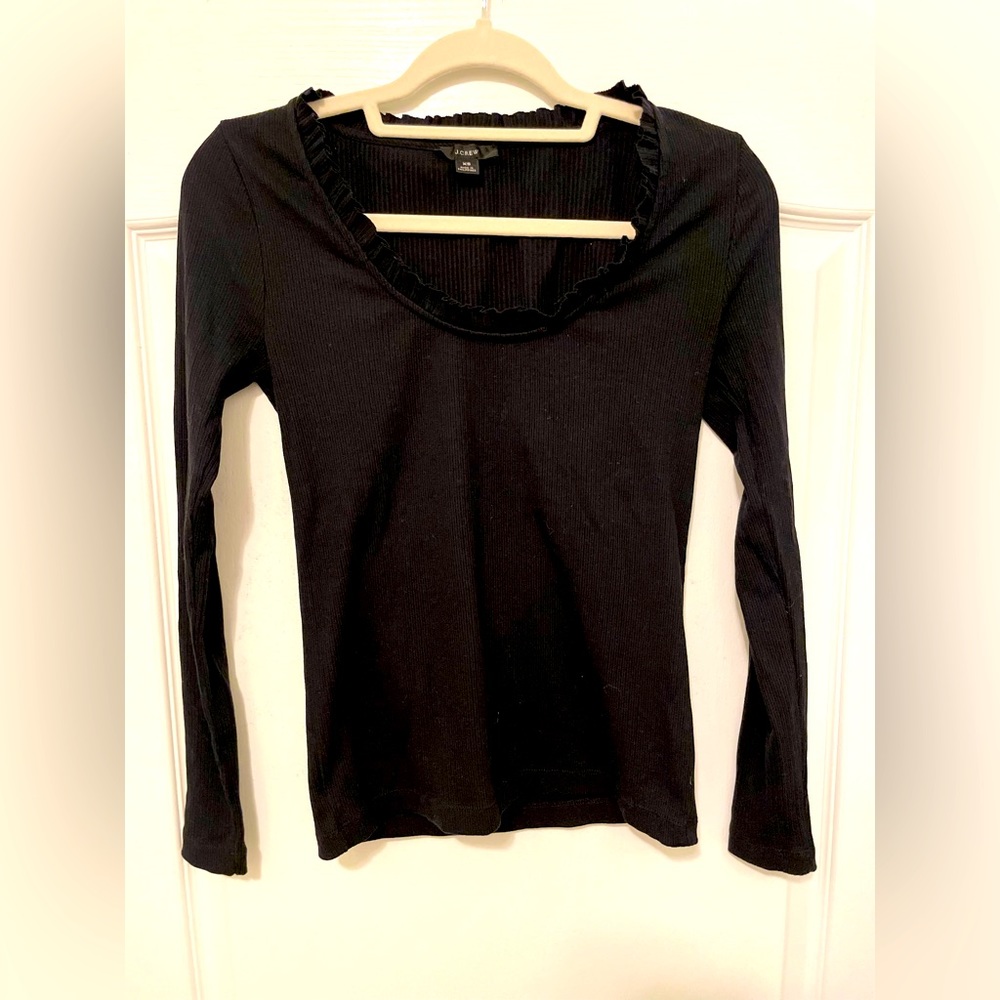 Size XS, black J.Crew ribbed ruffle neck long sleeve tee
